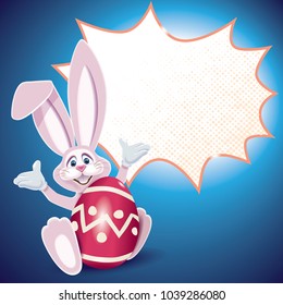 Cute Easter Bunny With Red Egg Decorated With Ornaments And Blank Comic Speech Bubble Isolated On A Blue Background.Empty Place For Your Text.Vector Illustration For Holiday Greeting.