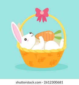 Cute Easter bunny relaxing in a basket with a carrot. Festive spring vector illustration for holiday themes.
