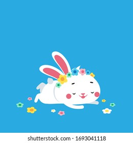 Cute easter bunny resting with flowers and wearing a flower crown. Festive and holiday concept