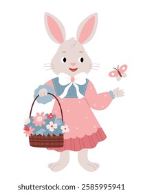 Cute Easter bunny in retro style holding a basket of flowers.