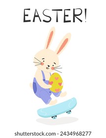 A cute Easter bunny rides a skateboard and holds a colored egg in his paws. Easter Egg. Christ is risen. Hand drawing. Vertical poster, Easter card, Happy Easter banner.