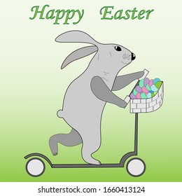 Cute Easter Bunny is riding a bike. He is carrying two baskets full of dyed Easter eggs.