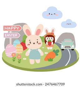 Cute Easter Bunny Road Trip. Kawaii Spring Illustration.Adorable Bunnies with Easter Eggs and Strawberry.Easter Scene with Bunnies, Carrot, and Car. Pastel Illustration.