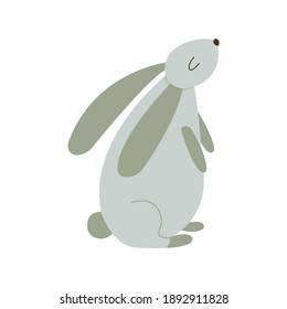 Cute Easter bunny with round egg shape body sits. Colorful cartoon vector illustration isolated. Happy Easter animal card