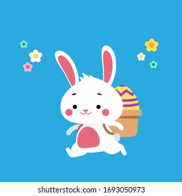 Cute easter bunny running with a holiday basket with giant egg. Festive concept