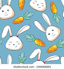 Cute easter bunny seamless pattern. Doodle rabbit with carrot on blue background. Easter background with cute characters. 