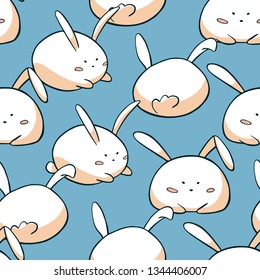 Cute easter bunny seamless pattern. Doodle fat rabbit on blue background. Cute cartoon characters for kid's fabric. 