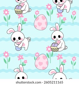 Cute Easter Bunny Seamless Pattern Pastel Spring Rabbit Bunny and Flower and easter Egg