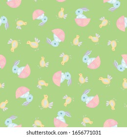Cute Easter bunny seamless vector pattern background. Decorated folk art rabbits and chicks all over print. Scandinavian style baby animals spring backdrop. Christian celebration concept