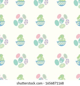 Cute Easter bunny seamless vector pattern background. Decorated folk art rabbits and egg all over print. Scandinavian style baby animals and spring symbols illustration. Christian celebration concept