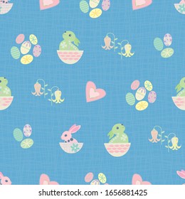 Cute Easter bunny seamless vector pattern background. Folk art illustration rabbits, eggs and hearts all over print. Scandinavian style baby animals and spring symbols. Christian celebration concept