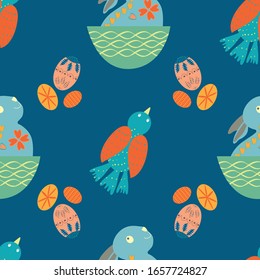 Cute Easter bunny seamless vector pattern background. Decorated folk art rabbits, birds, eggs illustration. Scandinavian style baby animals and spring symbols design.Christian lent celebration concept