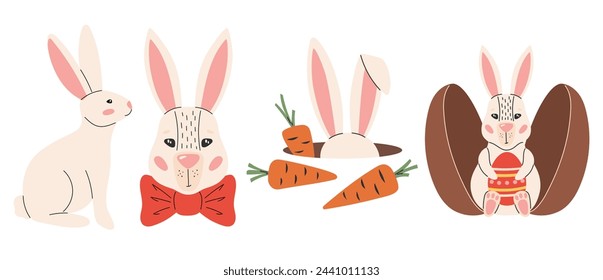 Cute Easter bunny set. Spring collection with rabbits. Vector illustration in flat hand drawn style 