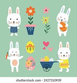 Cute Easter bunny sets and egg, vector illustration