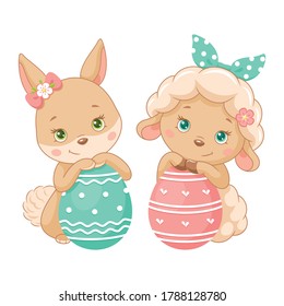 Cute Easter Bunny and Sheep with eggs. Cartoon vector illustration