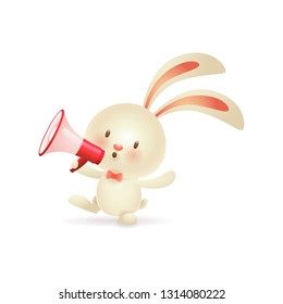 Cute Easter bunny shouting in loudspeaker. Small rabbit announcing holiday in megaphone. Can be used for topics like animal, celebration, festival