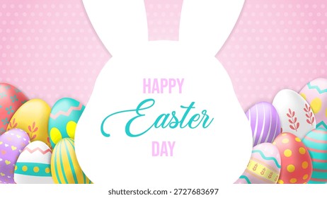 Cute Easter Bunny Silhouette Frame with 3D Eggs and Happy Easter Day Text on Pink Polkadot Background