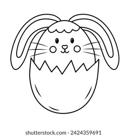 Cute Easter bunny sits in egg. Doodle chubby rabbit. Vector linear illustration.