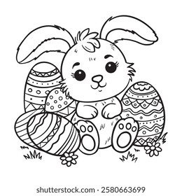 Cute Easter bunny sitting among decorated eggs. Black and white coloring page for kids with a festive holiday theme.