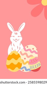 Cute easter bunny sitting behind colorful decorated eggs on a pink background with a simple flower, perfect for easter-themed projects