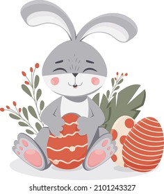 A cute Easter bunny is sitting with decorated red eggs surrounded by grass and flowers on a transparent background. Spring holiday elements and stickers