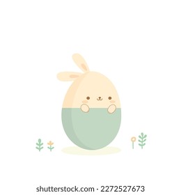 Cute Easter bunny sitting in an egg shell on spring meadow in kawaii style. Small tender flowers and plants.  Happy holiday card template design element