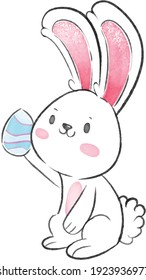 Cute Easter Bunny Sitting Holding A Painted Egg