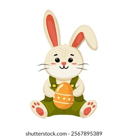 Cute Easter bunny sitting and holding a painted egg in his paws Vector illustration for Easter greetings on white background 