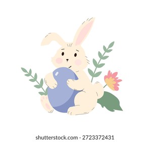 Cute Easter bunny sitting and hugging a big blue Easter egg. Stylized spring illustration with green leaves and pink flower isolated on white. Kids character design