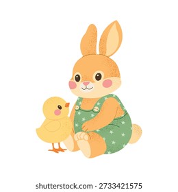 Cute Easter bunny sitting with little chick. Adorable spring animal characters, sweet Easter holiday illustration for kids and nursery design. Flat vector illustration isolated on white background