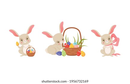 Cute Easter Bunny Sitting Near Wicker Basket with Decorated Eggs and Wearing Ribbon Bow Vector Set