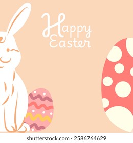 Cute easter bunny sitting near decorated eggs with a happy easter message on a pastel background, perfect for easter greetings and celebrations