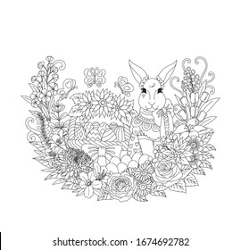 Cute Easter bunny sitting next to Easter eggs and beautiful flowers for printing, coloring book, engraving and so on. Vector illustration