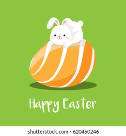 Cute Easter Bunny Sitting on Large Orange Easter egg on Green background , Easter card, Happy Easter vector illustration