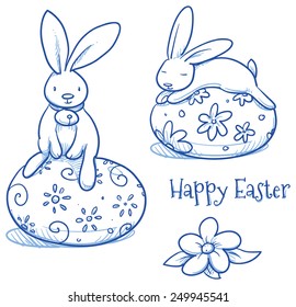 Cute Easter Bunny sleeping and sitting on easter egg, 2 versions of egg decoration, pattern. Hand drawn vector illustration.