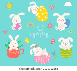 Cute Easter bunny and spring elements. Sweet collection of 6 characters. Funny bunny with eggs. Ideal for poster, greeting card, invitation, sticker, print. Traditional symbol. Happy Easter