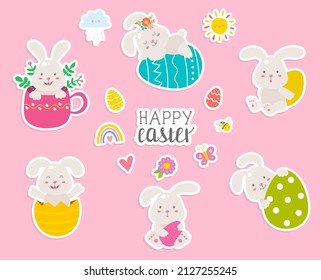 Cute Easter bunny and spring elements. Sweet collection of 6 characters. Funny bunny with eggs. Ideal for poster, greeting card, invitation, sticker, print. Traditional symbol. Happy Easter