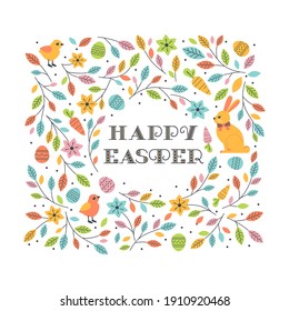 Cute Easter Bunny in Spring Flowers Pattern Vector Decoration. Bunny, chickens, eggs funny cartoon design element. Happy Easter holiday celebration background. Holiday greeting template illustration