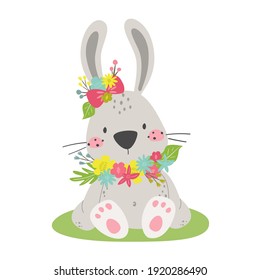 Cute Easter Bunny with spring flowers isolated on a white background. Happy Easter greeting card. Vector illustration.