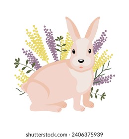 Cute Easter Bunny in spring flowers on a white background. Holiday print, illustration, postcard, vector