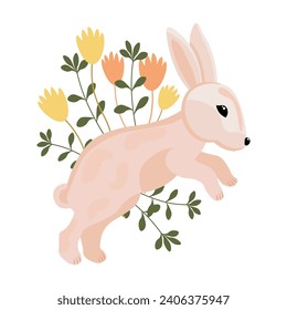 Cute Easter Bunny in spring flowers on a white background. Holiday print, illustration, postcard, vector