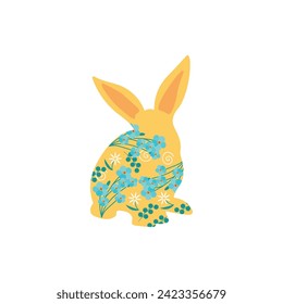 Cute Easter bunny with spring flowers on white background