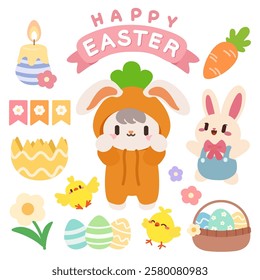 Cute Easter Bunny and Spring Illustration Set. Adorable Easter illustration set features cartoon bunnies, chicks, eggs, flowers, and festive elements in vibrant pastel colors.