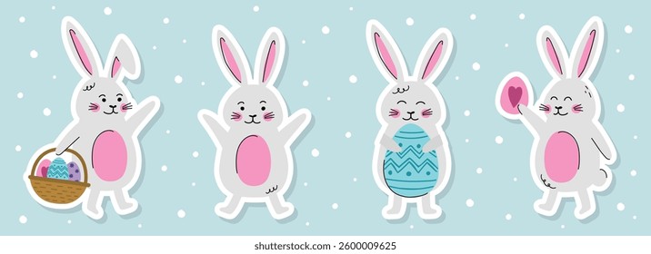 Cute Easter bunny sticker. Collection of icon in cartoon style. Vector illustration