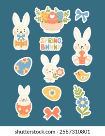 Cute Easter bunny stickers. Isolated spring rabbit animal, paschal decorative eggs, flower and bows. Vector illustration in flat style 