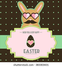 Cute Easter bunny in sunglasses with egg and text