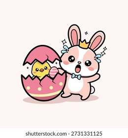 Lindo conejo de Pascua sorprendido por el pollito que eclosiona del huevo Vector Kawaii