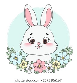 Cute Easter bunny surrounded by colorful flowers on pastel circle background, isolated on transparent background. Happy Easter. Ideal for printing on kids clothes or greeting cards. Vector. PNG.