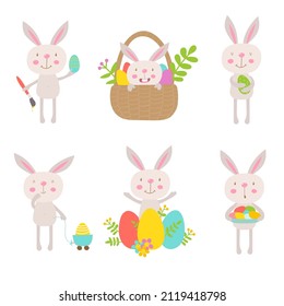 Cute Easter bunny. Sweet collection of 6 characters. Funny bunny with eggs. Ideal for poster, greeting card, invitation, sticker, print. Traditional symbol. Cartoon vector illustration.