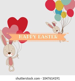 Cute Easter Bunny with Text Happy Easter. Easter day. Holiday. Vector
